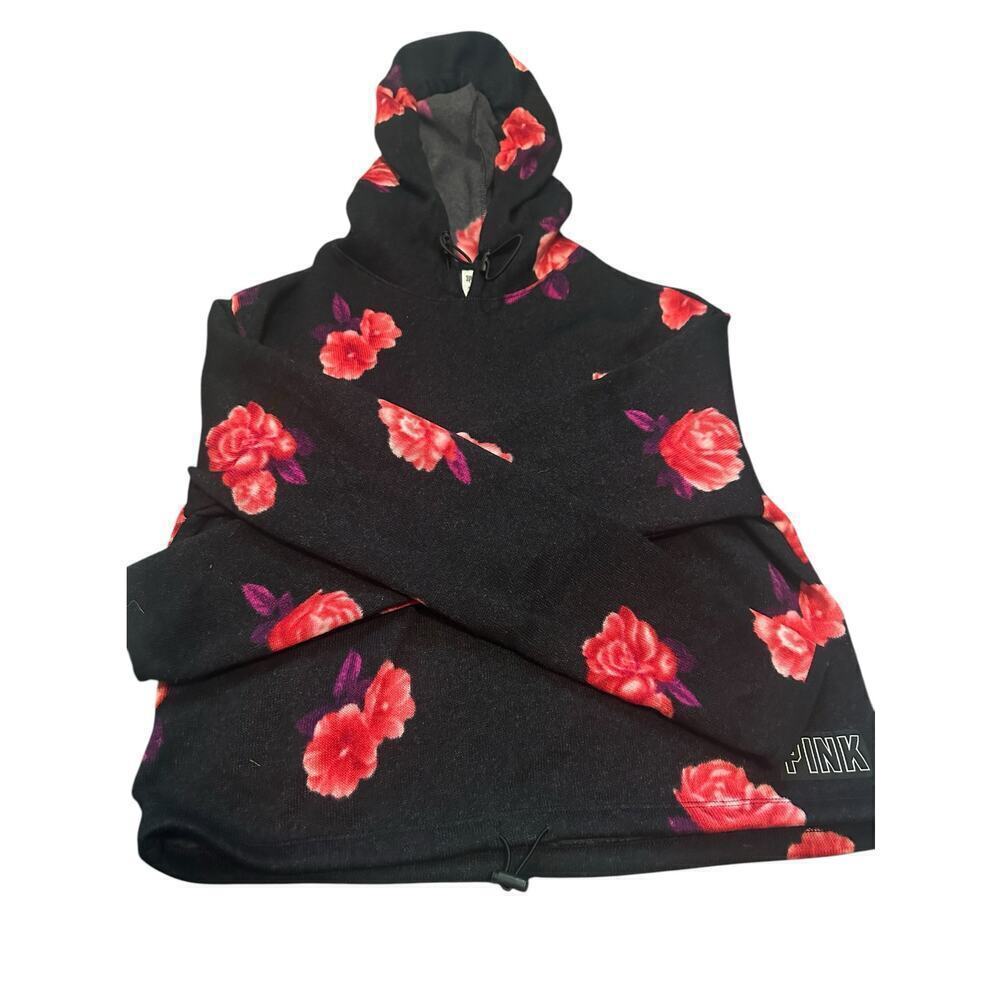 Vs Victorias Secret PINK SWEATER KNIT PULLOVER HOODIE TOP PURE BLACK FLORAL XS - Picture 3 of 6
